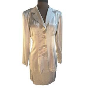Vtg 90s Silver Metallic Babydoll Blazer Pencil Skirt Set Womens XS Office Siren